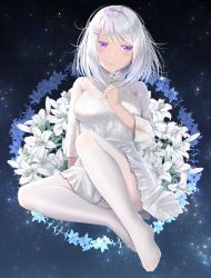 Rule 34 | 1girl, breasts, closed mouth, commentary request, dress, floral background, flower, full body, gurande (g-size), half-closed eyes, highres, holding, holding flower, looking at viewer, medium breasts, medium hair, no shoes, original, pantyhose, purple eyes, see-through, sitting, sky, solo, star (sky), starry sky, sumeragi hakua, thighband pantyhose, toes, white dress, white flower, white hair, white pantyhose