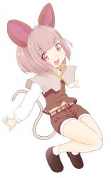 Rule 34 | 1girl, alternate costume, alternate hairstyle, animal ears, blush, bob cut, grey hair, highres, ishikkoro, looking at viewer, mouse ears, mouse tail, nazrin, open mouth, outstretched arms, red eyes, short hair, shorts, smile, solo, spread arms, tail, touhou