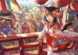 Rule 34 | 2girls, :d, ^ ^, absurdres, animal ears, architecture, blunt bangs, brown hair, building, cat ears, cat tail, closed eyes, confetti, day, dual wielding, east asian architecture, fang, floral print, flower, folding fan, fuzichoco, hair flower, hair ornament, hand fan, highres, holding, japanese clothes, kimono, lantern, long sleeves, looking at viewer, multiple girls, open mouth, original, outdoors, paper lantern, phone, railing, red eyes, ribbon-trimmed legwear, ribbon trim, scan, short hair, sideways mouth, sleeves past wrists, smile, tail, thighhighs, walking, white legwear