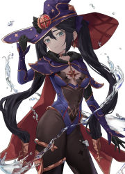 Rule 34 | 1girl, absurdres, black choker, black gloves, black hair, black pantyhose, breasts, cape, choker, contrapposto, cowboy shot, genshin impact, gloves, gold trim, hand on headwear, hat, highres, jenmin12, leotard, long hair, long sleeves, looking at viewer, mona (genshin impact), pantyhose, purple leotard, revision, simple background, small breasts, solo, standing, twintails, very long hair, water, white background, witch hat