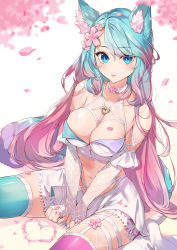 Rule 34 | 1girl, :p, animal ear fluff, animal ears, asymmetrical legwear, bare shoulders, blue eyes, blue hair, blue tail, blue thighhighs, breasts, cherry blossoms, choker, cleavage, collarbone, commentary request, commission, crop top, fingerless gloves, fishnet gloves, fishnets, flower, flower choker, gloves, gradient hair, gradient tail, hair flower, hair ornament, highres, kasumi komo, long hair, medium breasts, mismatched legwear, multicolored hair, multicolored tail, nail polish, navel, petals, pink flower, pink hair, pink tail, pink thighhighs, shirt, silvervale, silvervale (4th costume), sitting, skeb commission, skirt, skirt tug, solo, stomach, swept bangs, tail, thigh strap, thighhighs, tongue, tongue out, two-tone hair, virtual youtuber, vshojo, white choker, white gloves, white shirt, wolf ears, wolf girl, wolf tail