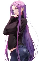 Rule 34 | 1girl, black panties, black sweater, commentary request, denim, fate/stay night, fate (series), glasses, highres, jeans, lips, long hair, medusa (fate), medusa (rider) (fate), official alternate costume, open clothes, open mouth, panties, pants, purple eyes, purple hair, solo, standing, sweater, taishi (picchiridou), underwear