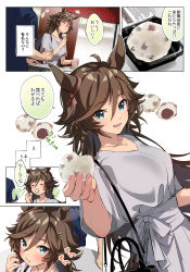 Rule 34 | +++, 1boy, 1girl, :t, absurdres, ahoge, animal ears, bag, blush, breasts, brown hair, closed eyes, cup, dress, food, food in mouth, green eyes, handbag, highres, holding, holding food, horse ears, jewelry, long hair, looking at viewer, misu kasumi, mr. c.b. (umamusume), necklace, open mouth, reaching, reaching towards viewer, short sleeves, shoulder bag, small breasts, smile, sound effects, speech bubble, sweatdrop, table, trainer (umamusume), translation request, umamusume, white dress