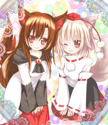 Rule 34 | 2girls, :3, animal ears, blush, breasts, brooch, brown hair, colored eyelashes, detached sleeves, dress, fingernails, hat, imaizumi kagerou, inubashiri momiji, jewelry, long fingernails, long hair, looking at viewer, multiple girls, one eye closed, pom pom (clothes), ranran (iaotak), red eyes, ribbon-trimmed sleeves, ribbon trim, short hair, silver hair, skirt, tail, tokin hat, touhou, wolf ears, wolf tail