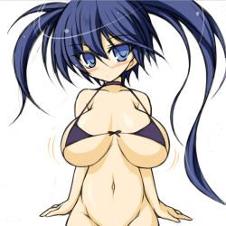 Rule 34 | 10s, 1girl, alternate breast size, bikini, bikini top only, black rock shooter, black rock shooter (character), blue eyes, blue hair, blush, bottomless, breasts, groin, huge breasts, long hair, matching hair/eyes, miyata gakuman, motion lines, navel, out-of-frame censoring, simple background, solo, swimsuit, twintails, underboob