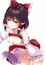 Rule 34 | 1girl, amisu, bare shoulders, bow, breasts, brown hair, clothes lift, commentary request, cowboy shot, detached sleeves, hair between eyes, hair bow, hair tubes, hakurei reimu, leaning forward, long sleeves, medium breasts, navel, nipples, panties, petticoat, red bow, red skirt, ribbon-trimmed sleeves, ribbon trim, shirt lift, short hair, sidelocks, simple background, skirt, skirt lift, smile, solo, standing, stomach, thighs, touhou, underwear, white background, white panties, wide sleeves, yellow eyes