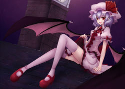 Rule 34 | 1girl, arm support, bat wings, brick wall, clock, clock tower, clothes lift, female focus, hat, highres, light purple hair, looking at viewer, mary janes, open mouth, pointy ears, red eyes, red footwear, remilia scarlet, roman numeral, rooftop, shoes, short hair, sitting, skirt, skirt lift, smile, solo, thighhighs, touhou, tower, utakata (kochou no yume), white thighhighs, wings