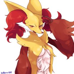 Rule 34 | 1girl, animal ears, artist name, blush, breasts, creatures (company), delphox, fang, fox ears, furry, furry female, game freak, gen 6 pokemon, looking at viewer, medium breasts, nebura337, nintendo, open mouth, pokemon, pokemon (creature), pokemon xy, red eyes, simple background, smile, solo, text focus, white background