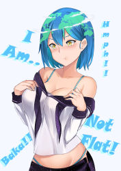 Rule 34 | 1girl, aori sora, blouse, blue bra, blue hair, blue panties, blush, bra, breasts, cleavage, cloud, collarbone, earth-chan, english text, green hair, grey background, hands on own chest, highres, large breasts, multicolored hair, off shoulder, original, panties, pout, print skirt, school uniform, shirt, short hair, simple background, skirt, solo, standing, star (symbol), star print, two-tone hair, underwear, white shirt, yellow eyes