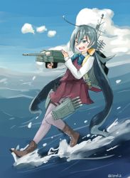 Rule 34 | 10s, 1girl, ahoge, blue bow, blue bowtie, blue hair, boots, bow, bowtie, ceroliz, cloud, cross-laced footwear, day, dress, grey eyes, grey hair, hair between eyes, kantai collection, kiyoshimo (kancolle), lace-up boots, long hair, low twintails, multicolored hair, ocean, on water, one eye closed, open mouth, outdoors, pantyhose, purple pantyhose, rigging, shirt, sky, sleeveless, sleeveless dress, solo, thigh strap, torpedo tubes, turret, twintails, twitter username, very long hair, white shirt