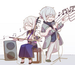 Rule 34 | 2boys, bad id, bad pixiv id, chibi, chinese clothes, csyday, erhu, closed eyes, fang, fate/grand order, fate (series), grey hair, hair between eyes, instrument, kadoc zemlupus, male focus, microphone, multiple boys, music, no mask, playing instrument, prince of lan ling (fate), singing, sitting, turtleneck, wavy hair
