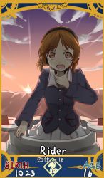 Rule 34 | 10s, 1girl, arm support, blue jacket, brown eyes, brown hair, card (medium), card parody, character name, cloud, cloudy sky, commentary, e  mishi, english text, fate/grand order, fate (series), girls und panzer, green shirt, hand on neck, headphones, jacket, long sleeves, looking at viewer, military, military uniform, military vehicle, miniskirt, motor vehicle, nishizumi miho, ooarai military uniform, open mouth, outdoors, pleated skirt, shirt, short hair, skirt, sky, solo, sun, sunrise, tank, tank cupola, throat microphone, uniform, upper body, white skirt