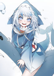 Rule 34 | 1girl, absurdres, animal hood, blue eyes, blue hair, commentary request, fangs, fins, fish tail, gawr gura, gawr gura (1st costume), highres, hololive, hololive english, hood, hood up, kuma (wctv5527), long sleeves, looking at viewer, multicolored eyes, multicolored hair, open mouth, shark hood, shark tail, sharp teeth, short hair, silver hair, sitting, smile, solo, straddling, streaked hair, stuffed animal, stuffed shark, stuffed toy, tail, teeth, upper teeth only, virtual youtuber, water, water drop