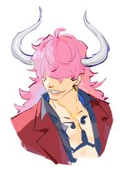 Rule 34 | 1boy, blue shirt, chest tattoo, earrings, hair over eyes, horns, jacket, jewelry, long hair, male focus, one piece, pink hair, raine (acke2445), red jacket, shirt, simple background, smile, solo, tattoo, upper body, white background, white horns, who&#039;s who (one piece)