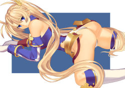 Rule 34 | 1girl, all fours, armor, ass, back, bare shoulders, black cat ronaldinho, blonde hair, blue background, blue eyes, blue gloves, blue leotard, boots, border, bradamante (fate), braid, breasts, crown braid, elbow gloves, fate/grand order, fate (series), faulds, gloves, hair between eyes, hair ornament, highleg, highleg leotard, knee boots, large breasts, leotard, long hair, looking at viewer, looking back, open mouth, solo, thigh strap, thighs, twintails, two-tone leotard, very long hair, white border, white footwear, white leotard