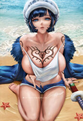 Rule 34 | 1girl, areola slip, barefoot, beach, black nails, blue eyes, blue hair, breast tattoo, breasts, canon genderswap, cape, cleavage, dark blue hair, denim, denim shorts, earrings, finger tattoo, fur cape, fur hat, genderswap, genderswap (mtf), hand tattoo, hat, huge breasts, jewelry, lips, looking at viewer, ocean, one piece, outdoors, sheath, short hair, shorts, shoulder tattoo, sitting, solo, starfish, supullim, sword, tank top, tattoo, thick thighs, thighs, toes, trafalgar law, wariza, water, weapon, white tank top