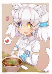 Rule 34 | 10s, 1girl, :d, animal ears, bad id, bad pixiv id, blue eyes, bowl, bracelet, breast pocket, byakko (kemono friends), chopsticks, commentary, curry udon, extra ears, eyes visible through hair, fang, food, gloves, hair between eyes, hair ornament, heart, heterochromia, highres, jacket, japari symbol, jewelry, kemono friends, long sleeves, medium hair, necktie, noodles, open mouth, own hands together, pocket, simple background, smile, solo, spoken heart, steam, tail, teranekosu, tiger ears, twintails, udon, white gloves, white jacket, white necktie, yellow eyes