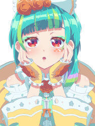 Rule 34 | 1girl, :o, bare shoulders, blue hair, blunt bangs, blush, dress, eyeshadow, facial mark, flower, gloves, green eyeshadow, green hair, hair flower, hair ornament, hands on own cheeks, hands on own face, hands up, highres, idol clothes, long sleeves, looking at viewer, makeup, multicolored hair, omega auru, omega auru (primagista), open mouth, orange flower, orange rose, pretty series, red eyes, rose, short hair, simple background, solo, streaked hair, tsujii luki, upper body, waccha primagi!, white background, yellow dress, yellow gloves