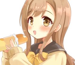 Rule 34 | 1girl, baguette, blush, bow, bread, brown eyes, brown hair, food, holding, holding food, kunikida hanamaru, long hair, looking at viewer, love live!, love live! sunshine!!, open mouth, ringo (nanaprin), solo, sweat, upper body, yellow bow