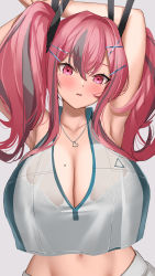 Rule 34 | 1girl, absurdres, arms up, azur lane, bra, bra visible through clothes, breasts, bremerton (azur lane), bremerton (scorching-hot training) (azur lane), cleavage, crop top, crop top overhang, grey hair, heart, heart necklace, highres, huge breasts, jewelry, marumai, mole, mole under eye, multicolored hair, necklace, official alternate costume, parted lips, pink eyes, pink hair, see-through, see-through shirt, solo, streaked hair, twintails, two-tone hair, two-tone shirt, underwear, upper body, white bra