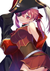 Rule 34 | 1girl, bare shoulders, black hat, hat, heterochromia, hololive, houshou marine, looking at viewer, red eyes, red hair, ryofuhiko, simple background, smile, solo, twintails, virtual youtuber, yellow eyes