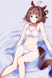 1girl alternate_costume animal_ears blush breasts brown_hair cleavage closed_mouth collarbone commentary_request green_eyes hair_between_eyes hair_ornament highres horse_ears horse_girl horse_tail looking_at_viewer medium_breasts medium_hair navel rhein_kraft_(umamusume) simple_background sitting solo swimsuit tail umamusume vandy76 white_background