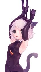 Rule 34 | 1girl, animal ears, arms up, bdsm, black gloves, black pantyhose, blush, bondage, bound, bound arms, cat ears, cat tail, elbow gloves, gloves, green eyes, highres, necktie, okayu (headless), open mouth, pantyhose, sanya v. litvyak, short hair, silver hair, simple background, solo, strike witches, tail, tears, white background, world witches series