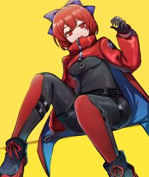Rule 34 | 1girl, absurdres, akatsuki records, black gloves, blue bow, bodysuit, bow, cape, dress, fang, gloves, hair between eyes, hair bow, highres, latex, latex bodysuit, latex dress, latex legwear, latex suit, long sleeves, open mouth, red cape, red eyes, red hair, rock &#039;n&#039; rock &#039;n&#039; beat, sekibanki, shishui guima, short hair, simple background, skin tight, skin tight, solo, touhou, yellow background