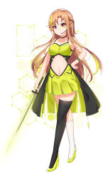 Rule 34 | 1girl, absurdres, asuna (sao), bad id, bad pixiv id, bare arms, bare shoulders, black socks, braid, breasts, brown eyes, brown hair, catnnn, commentary request, frown, green skirt, highres, holding, holding sword, holding weapon, kneehighs, large breasts, long hair, looking at viewer, shoes, single kneehigh, single sock, single thighhigh, skirt, socks, solo, stomach, sword, sword art online, thighhighs, weapon, white socks, white thighhighs, yellow footwear