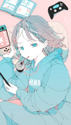 Rule 34 | 1girl, absurdres, blue eyes, blue hoodie, blue pants, book, brown hair, can, cellphone, controller, drink can, drinking, drinking straw, game controller, handheld game console, highres, holding, holding handheld game console, hood, hoodie, long sleeves, lying, nintendo switch, nocopyrightgirl, on side, open book, original, pants, phone, piercing, pillow, pink background, soda can