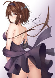 Rule 34 | 1girl, :3, ahoge, alternate hairstyle, arched back, ass, back, bare arms, bare shoulders, black dress, blush, breasts, brown eyes, brown hair, closed mouth, cowboy shot, dated, dress, floating hair, from behind, girls&#039; frontline, gradient background, grey background, hair between eyes, hair intakes, hairband, halter dress, halterneck, jewelry, long hair, looking at viewer, looking back, low twintails, mechanical arms, medium breasts, neck ring, official alternate costume, short hair with long locks, shoulder blades, sidelocks, signature, single mechanical arm, sleeveless, sleeveless dress, smile, solo, standing, strapless, strapless dress, thighs, twintails, twitter username, type 79 (fox steps under star night) (girls&#039; frontline), type 79 (girls&#039; frontline), unel, very long hair, white background, yellow eyes