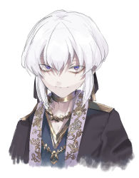 1boy bad_id bad_pixiv_id black_jacket blue_shirt closed_mouth cropped_torso hair_between_eyes highres jacket kayanogura looking_at_viewer male_focus open_clothes open_jacket original purple_eyes sanpaku shirt simple_background smile solo upper_body white_background white_hair