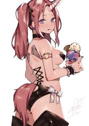 Rule 34 | 1girl, :q, absurdres, armband, artist name, ass, bad id, bad pixiv id, black nails, black panties, blush, breasts, corset piercing, cowboy shot, earrings, female focus, food, forehead, from side, highres, holding, horns, ice cream, jewelry, long hair, looking at viewer, looking back, medium breasts, mole, mole on shoulder, nail polish, original, panties, pasties, piercing, purple eyes, purple hair, sidelocks, signature, simple background, single horn, solo, tail, tattoo, thighs, tongue, tongue out, twintails, underwear, uni (melm), unicorn girl, wafer stick, white background, wrist cuffs