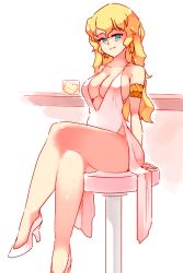 Rule 34 | 1girl, alcohol, armband, armlet, bare shoulders, blind, blonde hair, blue eyes, breasts, cleavage, dress, drink, hair down, high heels, ice, ice cube, jewelry, katawa shoujo, large breasts, long hair, looking at viewer, no bra, no panties, rtil, satou lilly, shoes, sideboob, sitting, smile, solo, thighs, white dress, white footwear