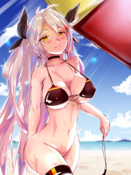 Rule 34 | 1girl, absurdres, alternate costume, anchor symbol, antenna hair, arm behind back, azur lane, bare arms, beach, bikini, bikini bottom only, unworn bikini, bikini top only, black bikini, black choker, black ribbon, blue sky, blush, bottomless, breasts, choker, cleavage, closed mouth, cloud, collarbone, cross, cross earrings, day, earrings, exhibitionism, eyelashes, eyes visible through hair, flag print, floating hair, german flag bikini, german text, gloves, grey background, groin, hair between eyes, hair ribbon, half-closed eyes, head tilt, highres, holding, holding bikini, holding bikini bottom, holding clothes, holding swimsuit, jewelry, large breasts, long hair, looking at viewer, mid-stride, mole, mole on breast, multicolored hair, navel, ocean, outdoors, parted lips, prinz eugen (azur lane), prinz eugen (unfading smile) (azur lane), public indecency, red hair, ribbon, ribs, sand, seductive smile, shiny skin, side-tie bikini bottom, sideboob, silver hair, skindentation, sky, smile, solo, standing, stomach, streaked hair, sunlight, swimsuit, thigh strap, thighs, two side up, umbrella, underboob, val, valtor, very long hair, walking, water, wet, wet hair