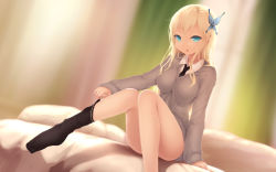 Rule 34 | 10s, 1girl, blonde hair, blue eyes, boku wa tomodachi ga sukunai, bottomless, breasts, butterfly hair ornament, cait aron, feet, hair ornament, highres, impossible clothes, impossible sweater, kashiwazaki sena, large breasts, long hair, necktie, on bed, pillow, school uniform, sitting, sock pull, socks, solo, sweater