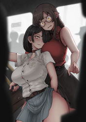 Rule 34 | 1futa, 1girl, absurdres, back, breasts, brown hair, collar, embarrassed, exhibitionism, futa with female, futanari, glasses, grabbing, hair over one eye, highres, huge breasts, long hair, looking at viewer, medium hair, mistimagi, mistimagi (character), multiple girls, on vehicle, open mouth, original, penis grab, pointy ears, public indecency, size difference, skirt, smile, sweat, vehicle interior, yellow eyes