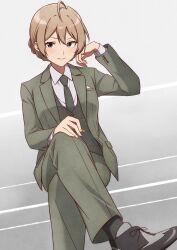 Rule 34 | 1girl, absurdres, ahoge, black footwear, blush, braid, breasts, brown hair, crossdressing, crossed legs, formal, green eyes, green necktie, green pants, green suit, green vest, grey background, grey socks, hair between eyes, hand on own cheek, hand on own face, hand on own knee, hand up, head rest, highres, idolmaster, idolmaster million live!, idolmaster million live! theater days, jacket, large breasts, long sleeves, looking at viewer, necktie, nusisippi, open clothes, open jacket, pants, parted lips, sakuramori kaori, shirt, shoes, short hair, sitting, smile, socks, solo, suit, vest, white shirt