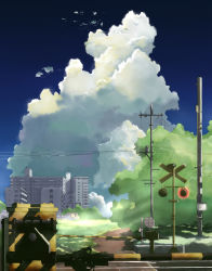 Rule 34 | bad id, bad pixiv id, building, cloud, day, highres, no humans, original, railroad crossing, railroad tracks, revision, scenery, sign, sky, tree, v-any