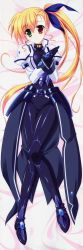 Rule 34 | 10s, 1girl, absurdres, bed sheet, black gloves, blonde hair, blue ribbon, bodysuit, boots, dakimakura (medium), endori, eyebrows, from above, full body, gloves, green eyes, hair between eyes, hair ribbon, heterochromia, highres, huge filesize, jacket, long hair, long image, lying, lyrical nanoha, mahou shoujo lyrical nanoha, mahou shoujo lyrical nanoha vivid, aged up, on back, own hands together, red eyes, ribbon, side ponytail, smile, solo, tall image, twintails, very long hair, vivio