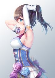 Rule 34 | 1girl, arm cuffs, arms up, blue eyes, blue flower, blue rose, blue scrunchie, blush, breasts, brown hair, bunching hair, elbow gloves, flower, from side, gloves, gradient background, grey background, hair between eyes, hair tie in mouth, high ponytail, idolmaster, idolmaster cinderella girls, large breasts, mouth hold, pleated skirt, ponytail, profile, purple flower, purple rose, rose, sagisawa fumika, scrunchie, shirt, single elbow glove, skirt, sleeveless, sleeveless shirt, solo, white background, white gloves, white shirt, white skirt, zinczinc ka