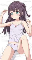 Rule 34 | 1girl, arm up, bare arms, bare shoulders, bed sheet, blush, bow, bow panties, breasts, brown hair, camisole, closed mouth, collarbone, commentary request, feet out of frame, green eyes, hand up, highres, knee up, long hair, looking away, looking to the side, lying, on back, one side up, original, panties, purple camisole, purple panties, small breasts, solo, takasuma hiro, underwear, underwear only