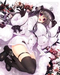 Rule 34 | 1girl, ankle boots, azur lane, black gloves, black thighhighs, blush, boots, breasts, coat, flower, full body, fur-trimmed coat, fur-trimmed sleeves, fur trim, glint, gloves, grey hair, hair ribbon, hat, highres, large breasts, long hair, looking at viewer, one side up, open mouth, oshiki hitoshi, padded coat, pamiat merkuria (azur lane), purple eyes, ribbon, russian clothes, skindentation, solo, thigh strap, thighhighs, v, water drop