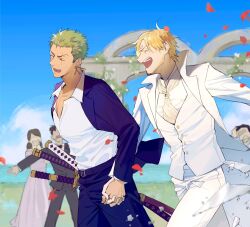 Rule 34 | 1girl, 218rin, 4boys, black pants, black suit, blonde hair, blue skirt, blush, closed eyes, curly eyebrows, earrings, facial hair, formal, green hair, highres, holding hands, jewelry, looking at another, male focus, multiple boys, one piece, outdoors, pants, roronoa zoro, sanji (one piece), scar, scar across eye, shirt, short hair, skirt, smile, straw hat pirates, suit, sword, weapon, wedding, white pants, white shirt, white suit, yaoi
