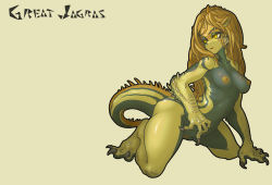 Rule 34 | 1girl, black skin, breasts, character name, claws, colored skin, female focus, great jagras, highres, kneeling, long hair, monster girl, monster hunter, monster hunter: world, monster hunter (series), muhut, multicolored skin, nipples, nude, personification, pussy, solo, tail, two-tone skin, uncensored, yellow eyes, yellow skin