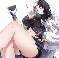 Rule 34 | 1girl, belt pouch, black footwear, black gloves, black hair, black shorts, boots, bracelet, breasts, cleavage, closed mouth, coat, crop top, crossed legs, fur coat, gloves, goddess of victory: nikke, half gloves, highres, jewelry, large breasts, long hair, midori (user nsaz3272), midriff, multicolored hair, navel, parted hair, pinstripe pattern, pouch, rosanna (nikke), shirt, shorts, simple background, sitting, smile, solo, split-color hair, striped clothes, striped shirt, vertical-striped clothes, vertical-striped shirt, white background, white hair