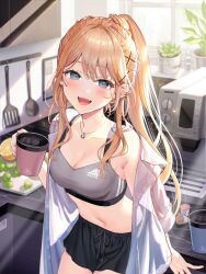 Rule 34 | 1girl, :d, aqua eyes, black shorts, blonde hair, blurry, blurry background, blush, breasts, cleavage, collarbone, cowboy shot, cup, ear piercing, hair between eyes, hair ornament, high ponytail, highres, holding, holding cup, indoors, jacket, jewelry, long hair, long sleeves, looking at viewer, medium breasts, midriff, navel, necklace, off shoulder, okuma mai, open clothes, open jacket, open mouth, original, piercing, plant, potted plant, shorts, sidelocks, smile, solo, sports bra, white jacket, window