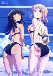 Rule 34 | 10s, 2girls, absurdres, adjusting clothes, adjusting swimsuit, ass, ball, beach, beach volleyball, bikini, black bikini, black hair, blue sky, body blush, breasts, butt crack, cloud, day, eyes visible through hair, floral print, from behind, harukana receive, highres, holding, holding ball, light brown hair, looking at viewer, looking back, magazine scan, matsuo nobuyuki, medium breasts, megami magazine, mikasa sports, multiple girls, ocean, official art, outdoors, parted lips, print bikini, print bikini top, purple eyes, red bikini, scan, sky, smile, standing, strap gap, sunlight, swimsuit, tachibana ayasa, teeth, tooi narumi, tree, volleyball, volleyball (object), volleyball net, water, yellow eyes