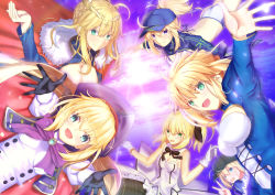Rule 34 | ahoge, artoria caster (fate), artoria caster (second ascension) (fate), artoria pendragon (all), artoria pendragon (fate), artoria pendragon (lancer) (fate), black gloves, blonde hair, blue dress, blue eyes, braid, breasts, capelet, cloak, dress, fate/grand order, fate (series), gloves, green eyes, hairband, hat, looking at viewer, mysterious heroine x (fate), mysterious heroine xx (fate), neko daruma, open mouth, ponytail, ribbon, saber (fate), saber lily, smile, sunlight, swimsuit, white dress, white gloves, yellow eyes