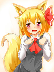 Rule 34 | 1girl, :d, animal ears, blonde hair, blush, ascot, fox ears, fox tail, hair between eyes, hair ribbon, highres, kemonomimi mode, long sleeves, looking at viewer, open mouth, paw pose, purple eyes, ribbon, rody (hayama yuu), rumia, shirt, short hair, silhouette, simple background, smile, solo, tail, touhou, upper body, vest, white shirt, wing collar
